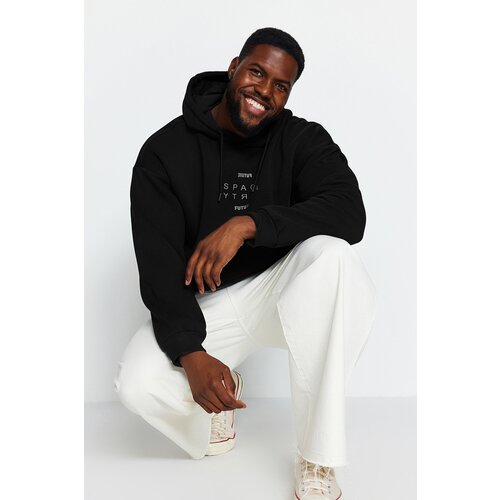 Trendyol Black Men&amp;#039;s Plus Size Oversized Comfortable Hoodie. Reflective Printed Fleece Inner Sweatshirt. Slike