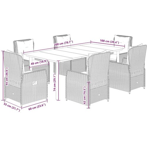  7-dijelni vrtni blagovaonski set s jastucima crni od poliratana Crna 200 x 100 x 74 cm Slike