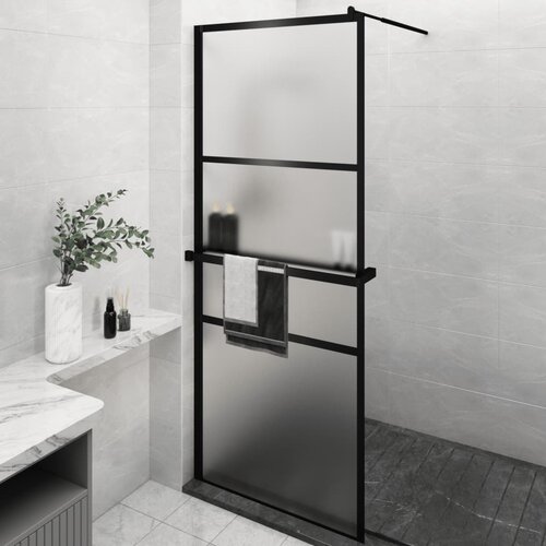 VidaXL Pregrada za tu&amp;scaron; s polico črna 80x195 cm ESG steklo in aluminij Slike