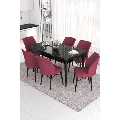 Hanah home Eva - Black Marble, Burgundy Black MarbleBurgundy Extendable Dining Table & Chairs Set (7 Pieces) Cene