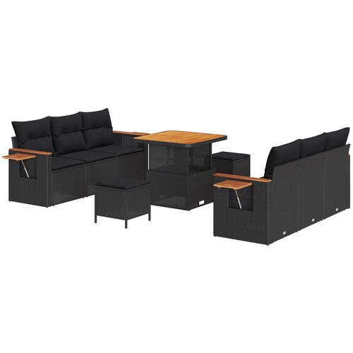 VidaXL set vrtnih sofa od 9 dijelova s jastučićima Crni poli ratan akacija, set vrtne blagovaonice od 3 dijela s jastučićima Crni poli ratan akacija Slike