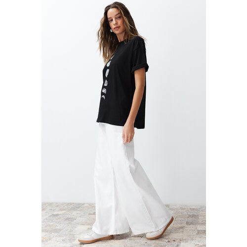 Trendyol Black 100% Cotton Planet Print Oversize/Wide Knit T-Shirt Slike
