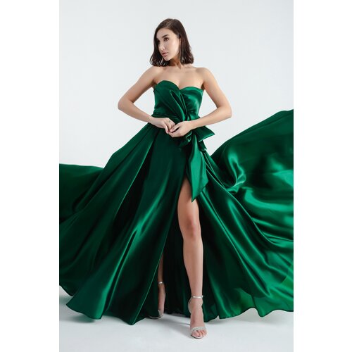 Lafaba Women's Emerald Green Strapless Slit Long Evening Dress Slike