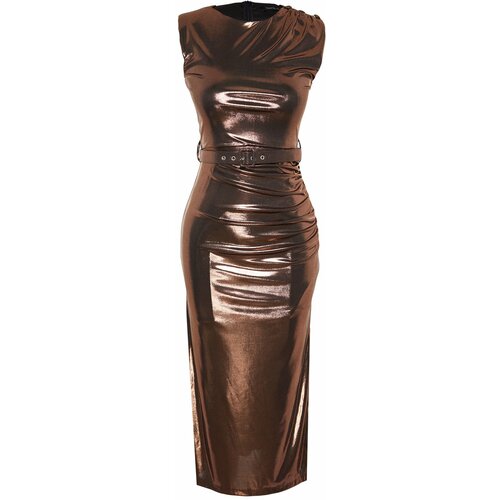 Trendyol Brown Fitted Evening Dress with Shimmering Slike
