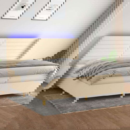  Box spring postelja z vzmetnico LED krem 200x200 cm blago Cene