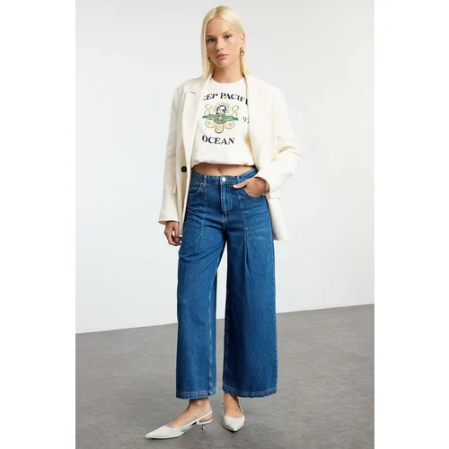 Trendyol Blue Pleated High Waist Wide Leg Jeans