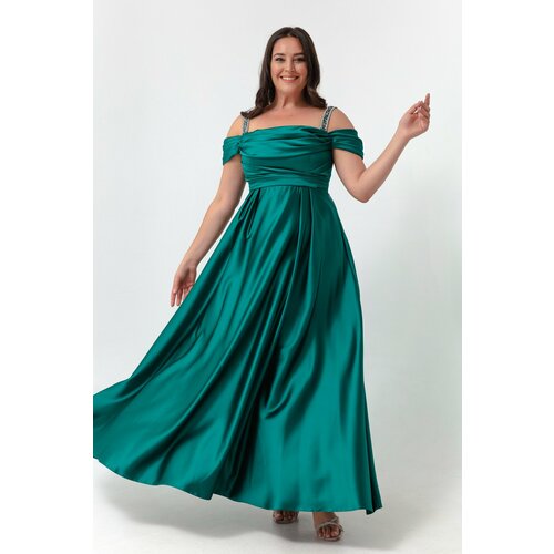 Lafaba Women's Emerald Green Stone Strap Draped Plus Size Long Evening Dress Slike