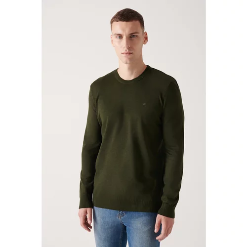 Avva Men's Dark Khaki Knitwear Sweater Crew Neck Non-Pilling Standard Fit Regular Cut