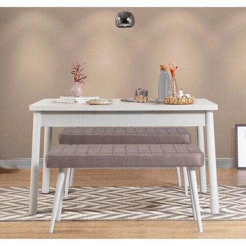 Hanah home Costa 0701 - White, Soho Grey WhiteSoho Grey Dining Table & Bench Set (3 Pieces) Cene