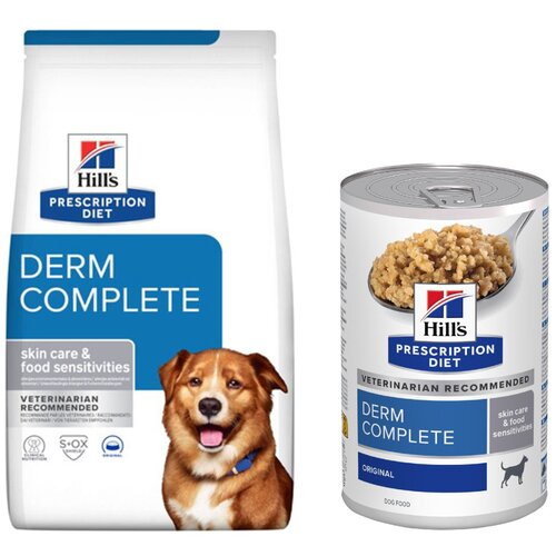 Hill&amp;rsquo;s 12 kg Prescription Diet + 3 x 370 g mokre hrane gratis! - Derm Complete s rižom i jajem Slike