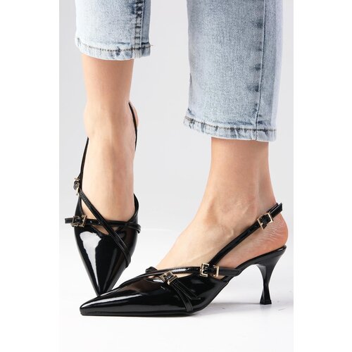 Mio Gusto Elita Black Color Patent Leather Pointed Toe Buckle Accessory Heeled Shoes Slike