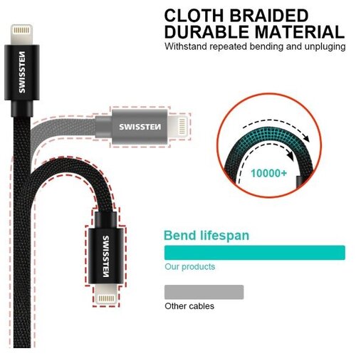 Swissten kabel USB/Lightning, platneni, 1.2m, sivi Slike