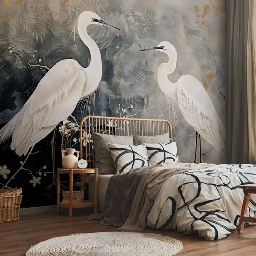  Foto tapeta - Herons and cherry blossoms - oriental-style illustration depicting birds 100x70 Standard Slike