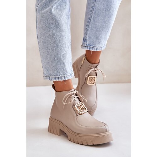 Zazoo 2952 Leather Ankle Boots With Golden Decoration Beige Slike