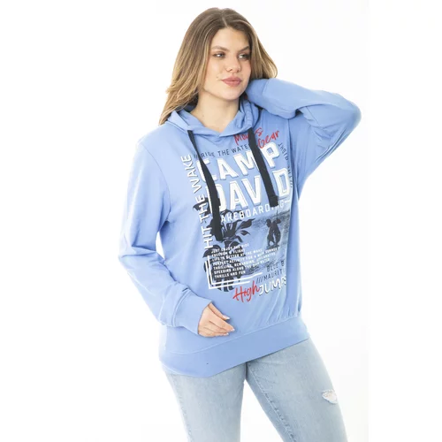 Şans Women's Plus Size Blue Two Thread Front Printed Hooded Sweatshirt