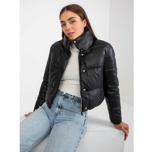 Fashion Hunters Black short down jacket made of eco-leather with pockets Slike