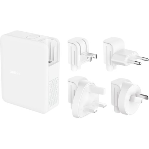 Belkin 140w 4-ports USB GaN Wall Charger with UK, EU, US plug tips, White Cene