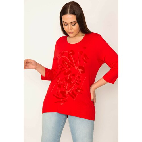 Şans Women's Plus Size Red Flocked Front Patterned Blouse Slike