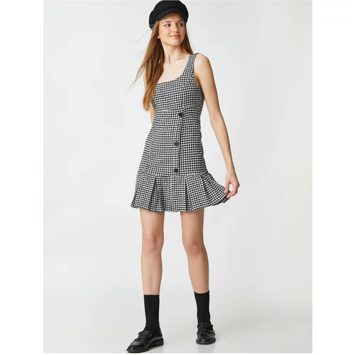 Koton Mini Dress Pleated Square Collar Straps, Stamped and Buttoned