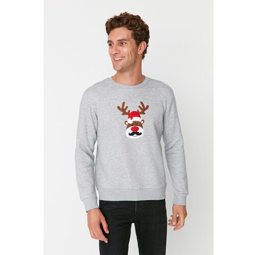 Trendyol Gray Men Regular Fit Crew Neck Christmas Theme Embroidered Sweatshirt Slike
