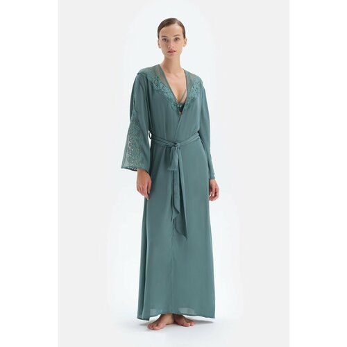 Dagi Green Long Dressing Gown with Lace Detail Cene