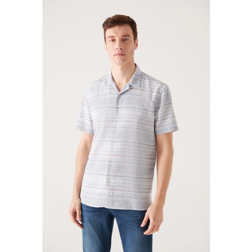 Avva Men's Blue Striped Cuban Collar Short Sleeve Shirt Slike