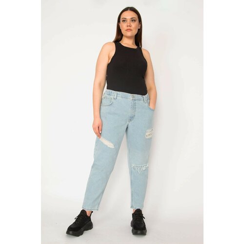 Şans Women's Plus Size Blue Ripped Detailed Jeans with Elastic Side Belt, 5 Pockets. Slike