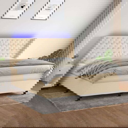  Box spring postelja z vzmetnico LED krem 180x200 cm blago Slike