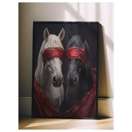 Wallxpert uramljena slika 115189, beli i crni konj sa crvenim povezima preko očiju, 50 x 70 cm, crni ram Slike