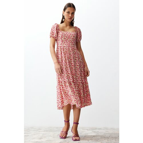 Trendyol pink floral waist opening midi woven dress Slike
