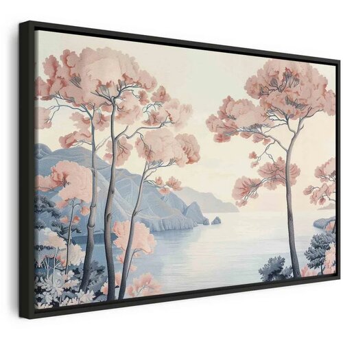  Slika - Landscape with the Ocean Cliffs and Trees in Delicate Pink Shades 90x60 U crnom drvenom okviru Cene