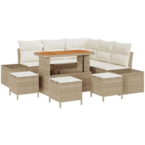 VidaXL 9 komada vrtni set sofe s jastučićima bež poli ratan akacija, 2-sjedna vrtna sofa s jastučićima bež poli ratan, 4 komada vrtni dinning set s jastučićima bež poli ratan akacija Slike