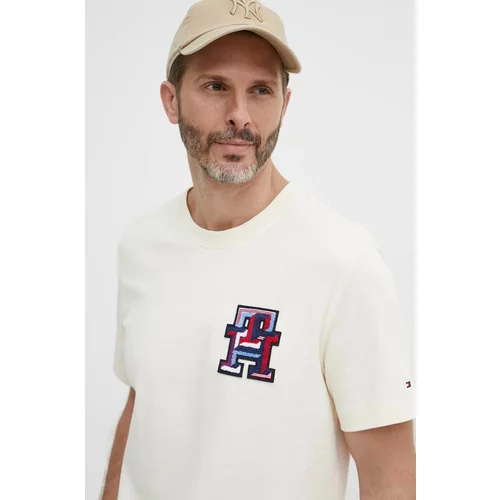 Tommy Hilfiger Pamučna majica za muškarce, boja: bež, s aplikacijom, MW0MW34423