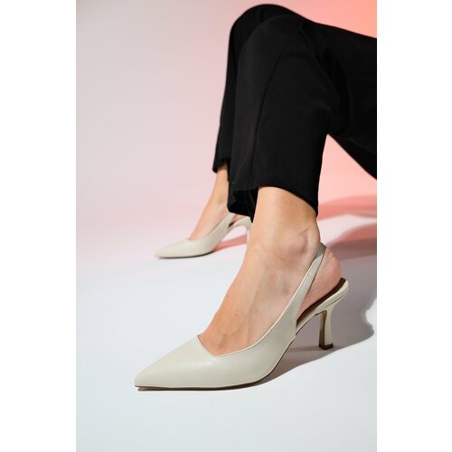 LuviShoes FLEM Women's Ecru Skin Pointed Toe Open Back Thin Heel Shoes Slike
