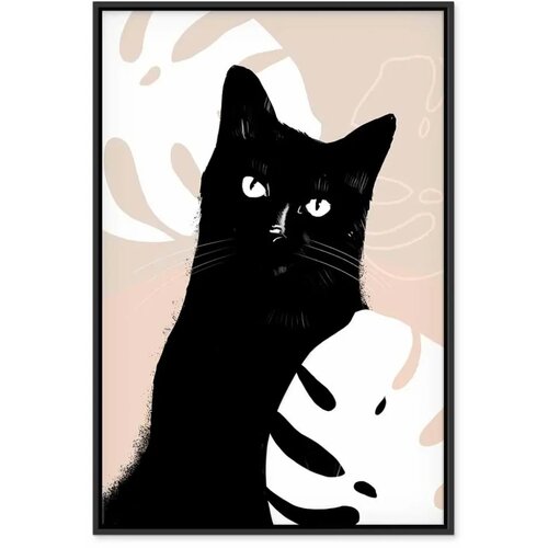  Slika - Cat in Monsteras (1 Part) Vertical 60x90 U crnom drvenom okviru Slike