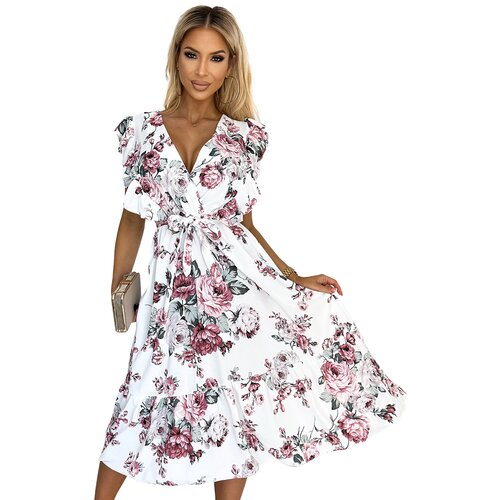 Numoco Midi dress with ruffle, neckline and tie Slike