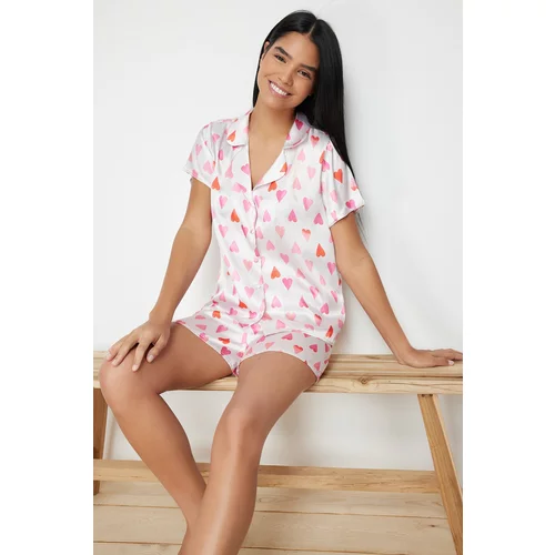 Trendyol Multicolored Satin Heart Shirt-Shorts Woven Pajama Set