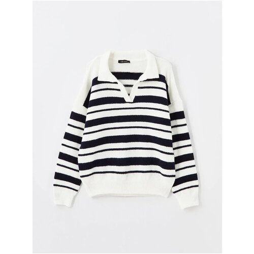 LC Waikiki Vision Navy Blue Striped Polo Collar Striped Oversize Women's Knitwear Sweater Cene