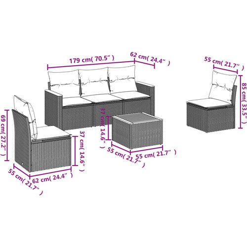  6-dijelni set vrtnih sofa s jastucima crni od poliratana Crna 61 x 62 x 69 cm Slike