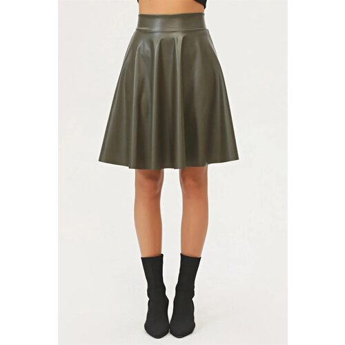 Dewberry 88854 Flared Faux Leather Skirt-Khaki Slike