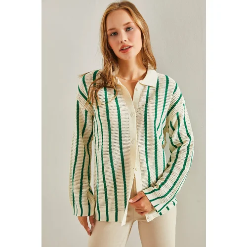 Bianco Lucci Women's Shirt Collar Long Sleeve Striped Cardigan