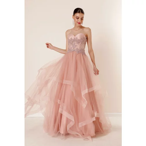 By Saygı Bead Embroidered Top Transparent Tiered Tulle Taffeta Long Evening Dress