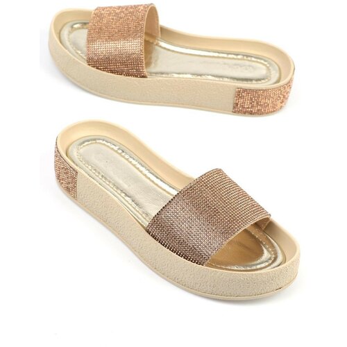 Capone Outfitters Capone Single Wide Band Stone Detailed Wedge Heel Metallic Gold Women's Slippers Cene