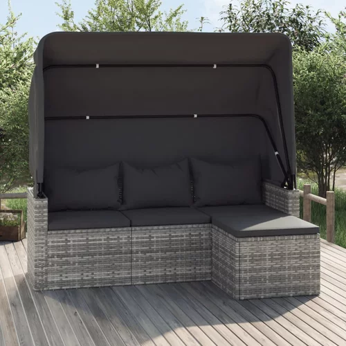 vidaXL Vrtni kavč trosed s streho in stolčkom za noge siv poli ratan