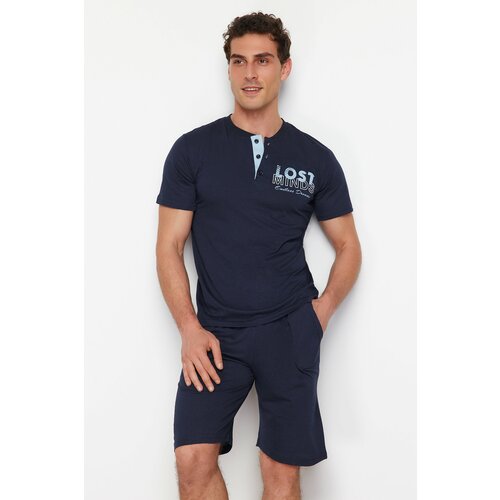 Trendyol Navy Blue Button Collar Regular Fit Pajama Set with Knitted Shorts Cene
