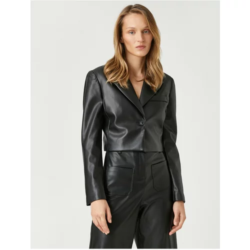 Koton Leather-Look Crop Blazer with One Button, Pocket Detailed.