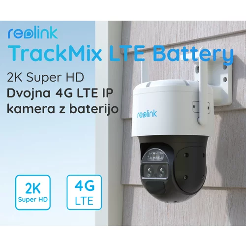 Reolink TrackMix LTE Battery IP kamera, dva objektiva, 2K Super HD, 4G LTE, baterija, vrtenje in nagibanje, IR nočno snemanje, LED reflektor, aplikacija, vodoodpornost, dvosmerna komunikacij, (20800862)