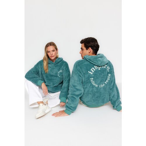 Trendyol Mint Unisex Oversize Hooded Long Sleeved Embroidered Lettering Thick Plush Sweatshirt. Slike