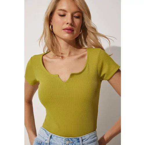 Happiness İstanbul Women's Oil Green Heart Collar Corduroy Knitted Crop Blouse