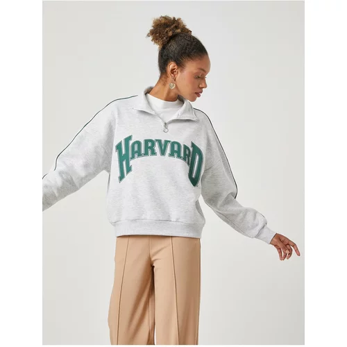 Koton Oversize Sweatshirt Harvard License Standing Collar Zippered